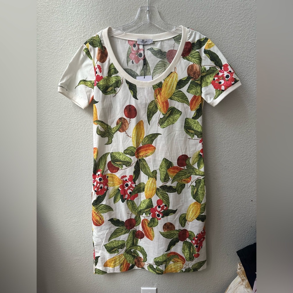 ISOLDA tropical palm fruit tshirt white short sleeve dress womens 4 NWT